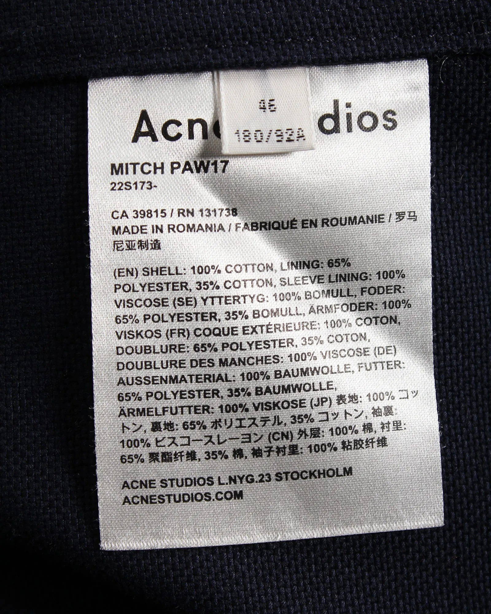 Acne Studios Single-Breasted Jacket in Navy Blue Cotton