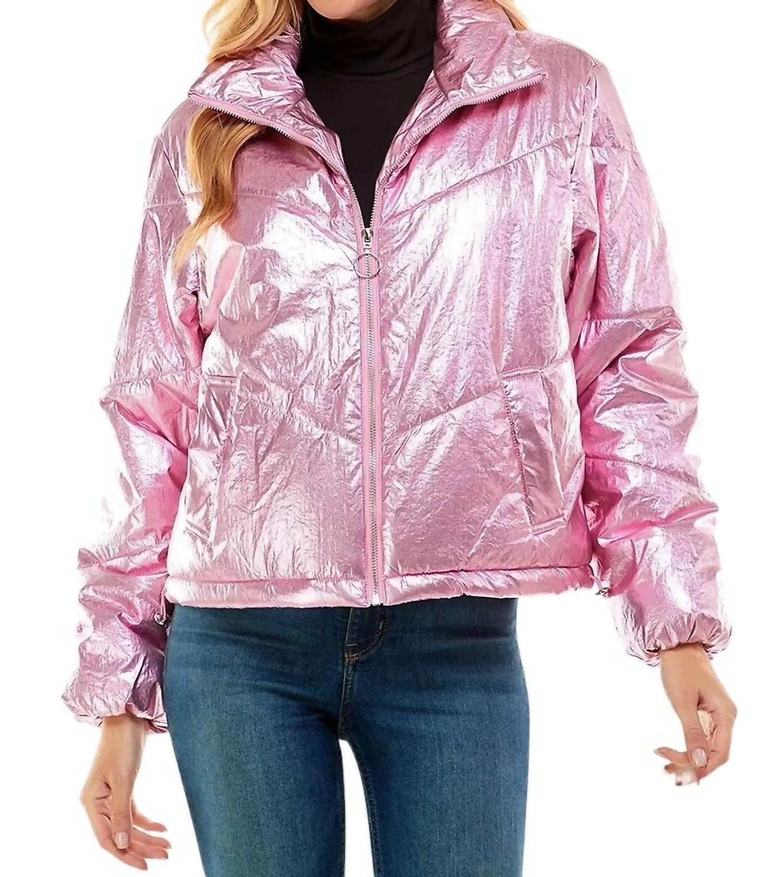 Angelika Metallic Puff Jacket In Pink