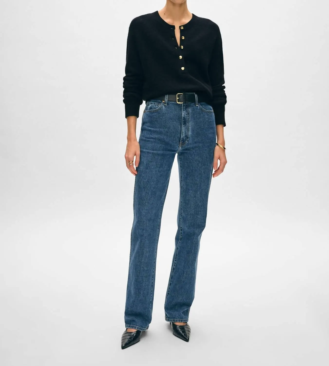 Cashmere Ribbed Gold Button Henley In Black