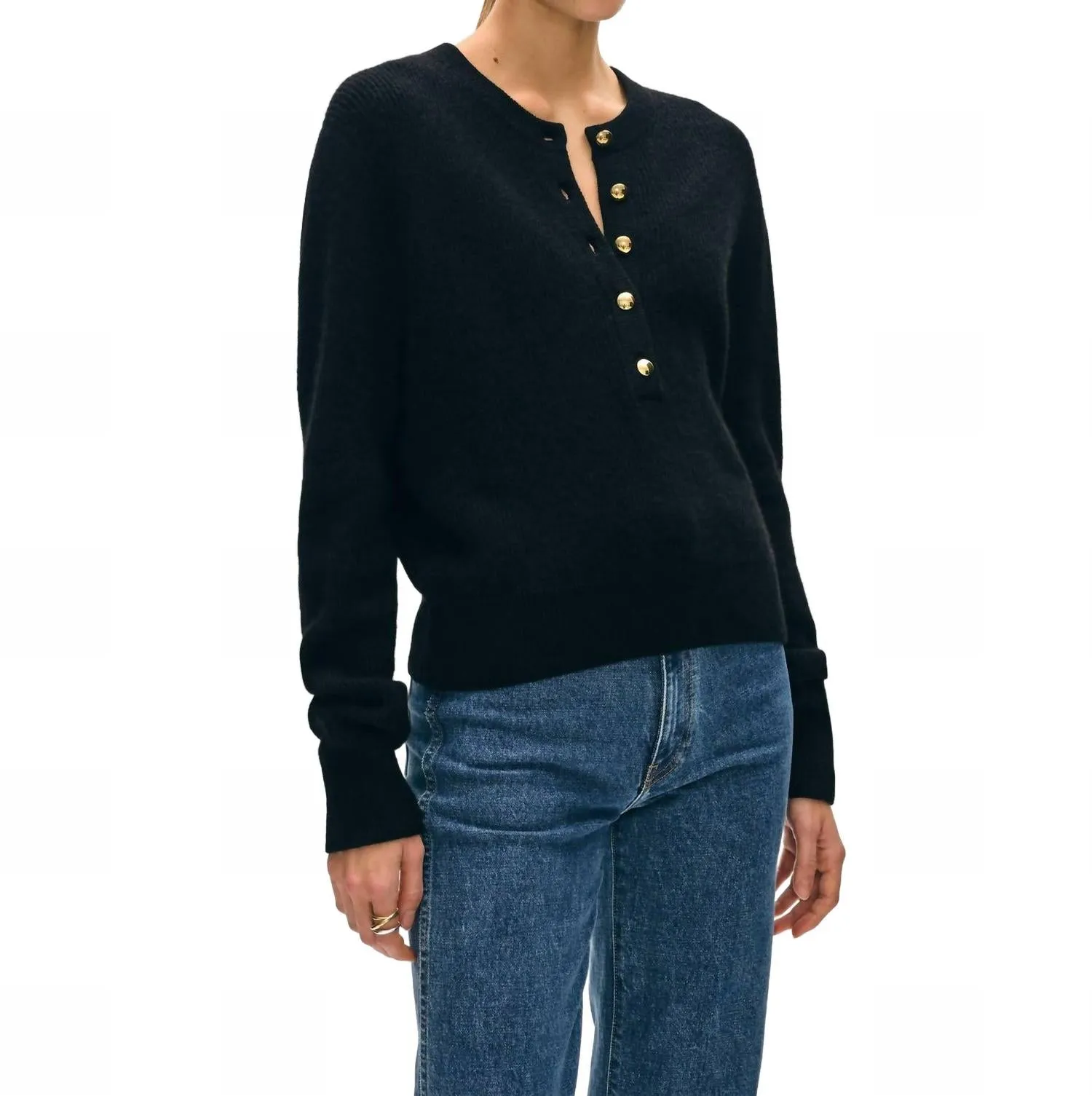 Cashmere Ribbed Gold Button Henley In Black