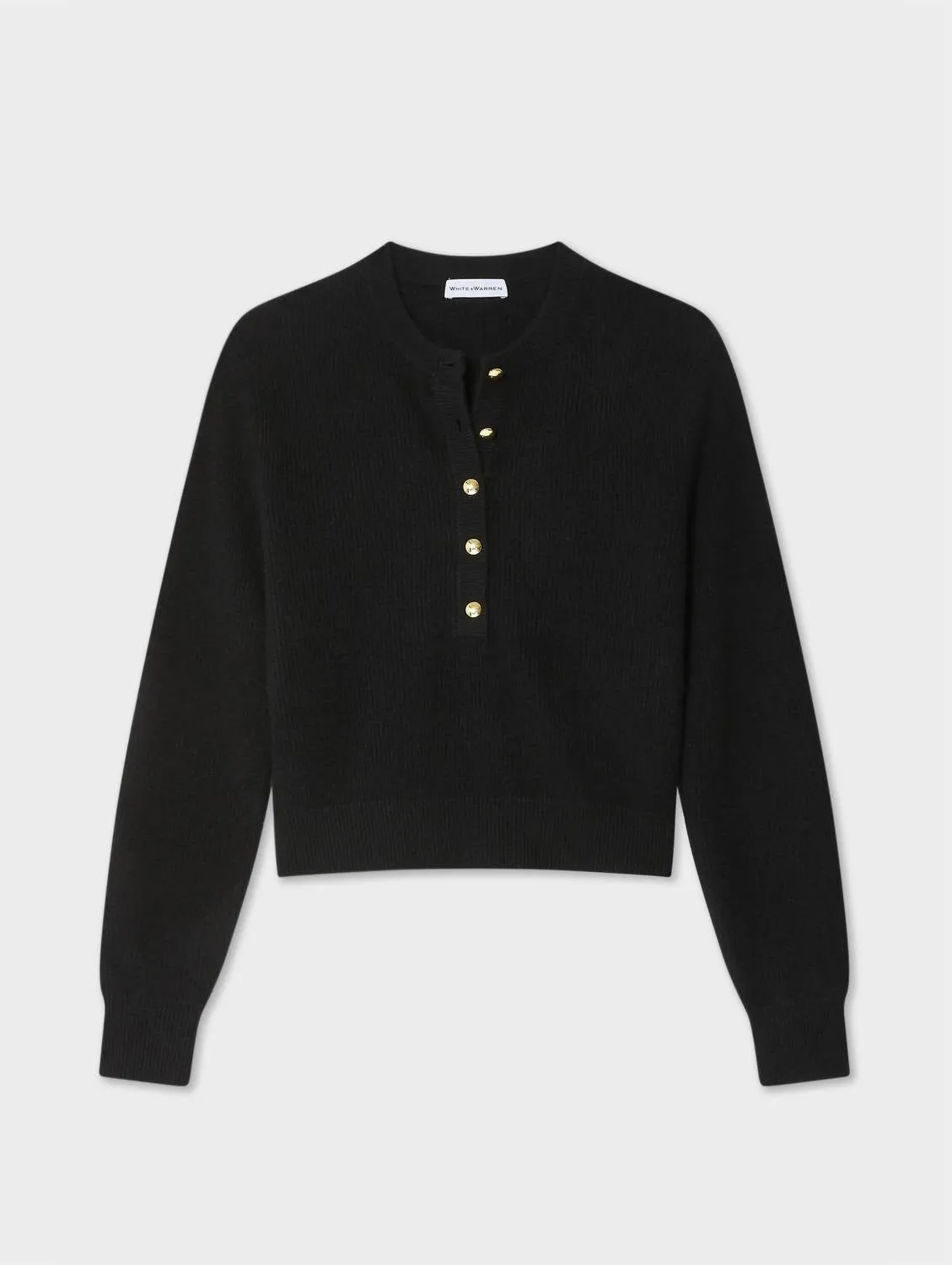 Cashmere Ribbed Gold Button Henley In Black