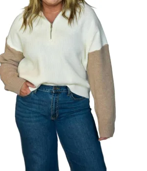 Collar Half Zipper Pullover Sweater In Ivory / Taupe