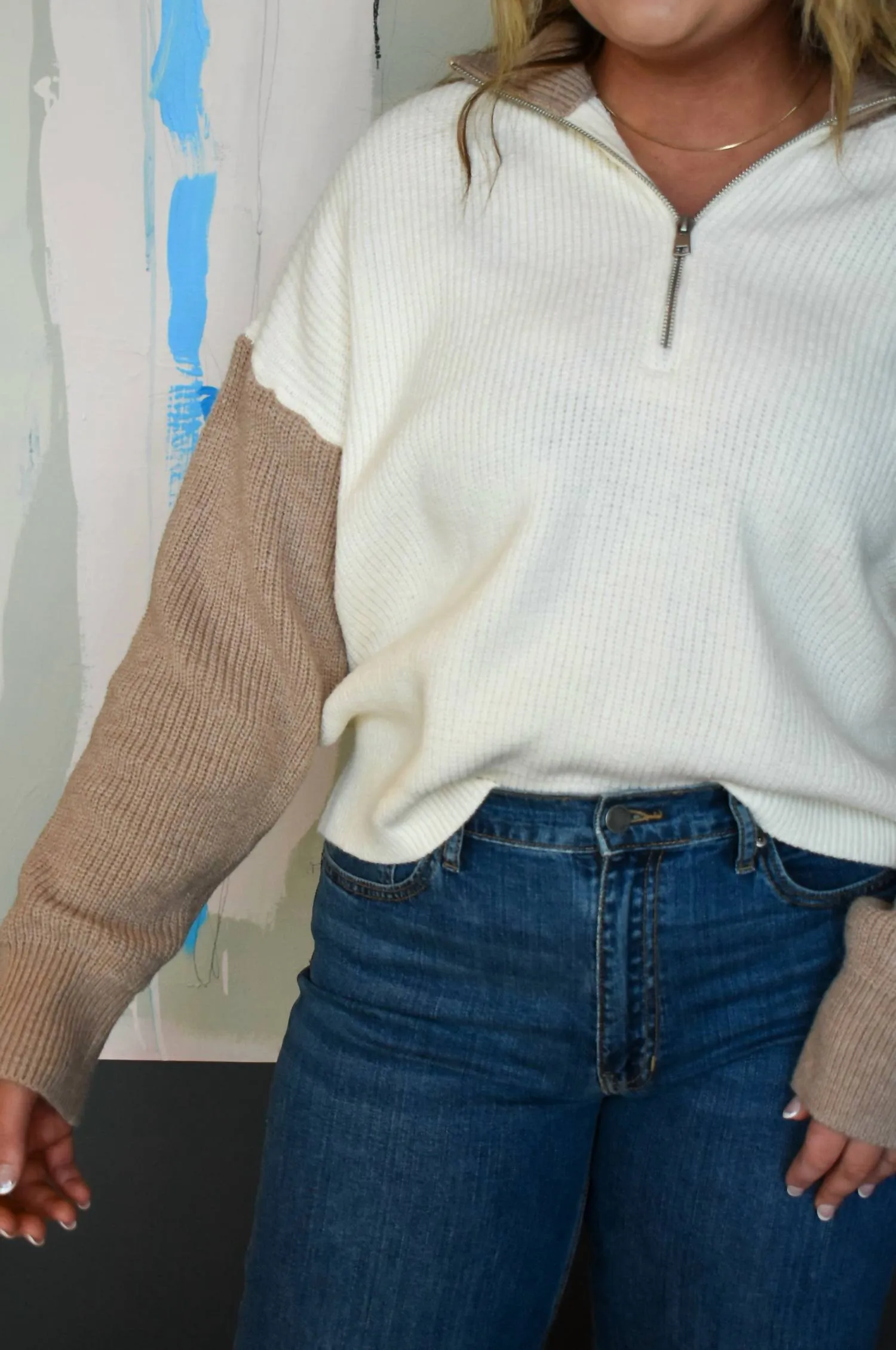 Collar Half Zipper Pullover Sweater In Ivory / Taupe