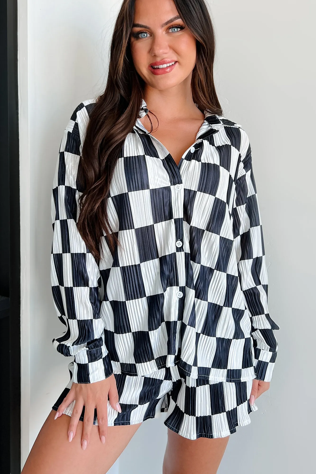 Cool Confidence Checkered Plisse Set (Black/White)