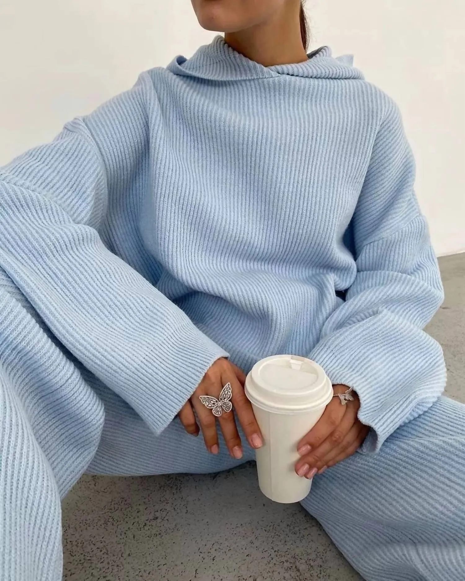 Daily Hoodie Sweater Set In Blue