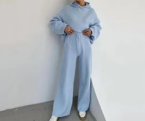 Daily Hoodie Sweater Set In Blue
