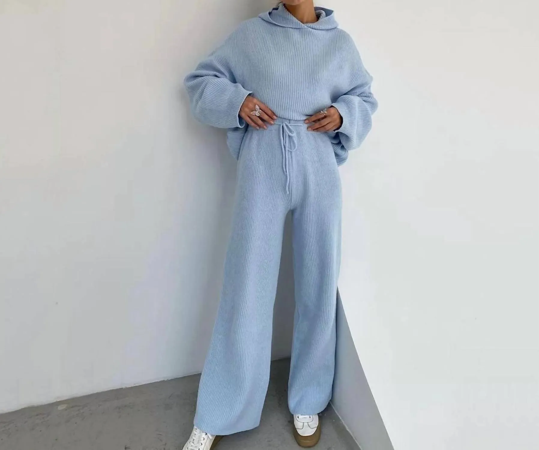 Daily Hoodie Sweater Set In Blue
