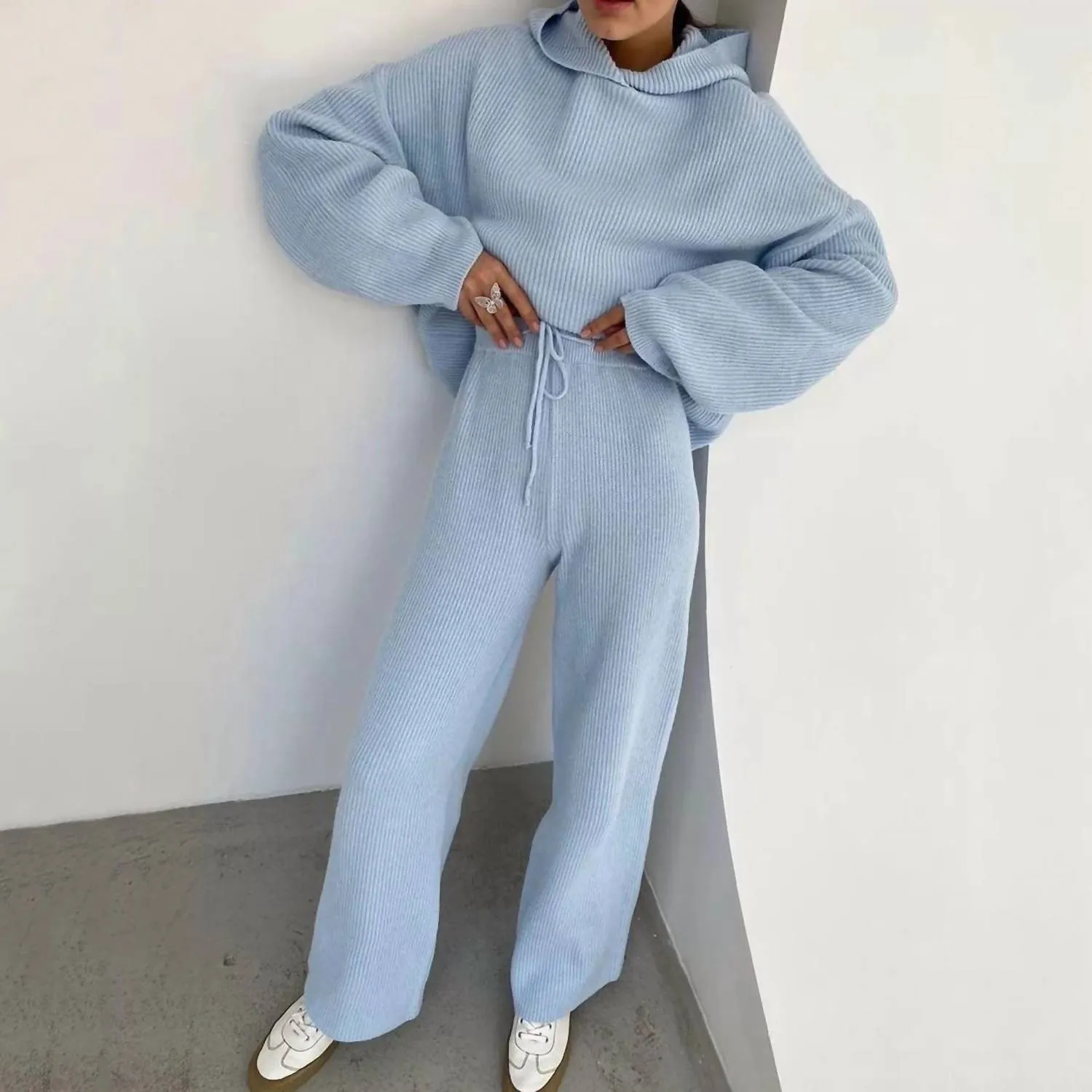 Daily Hoodie Sweater Set In Blue