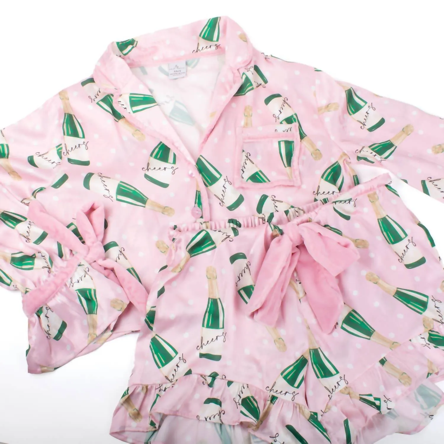 Dot Satin Ruffle Short Set Pajama In Champagne