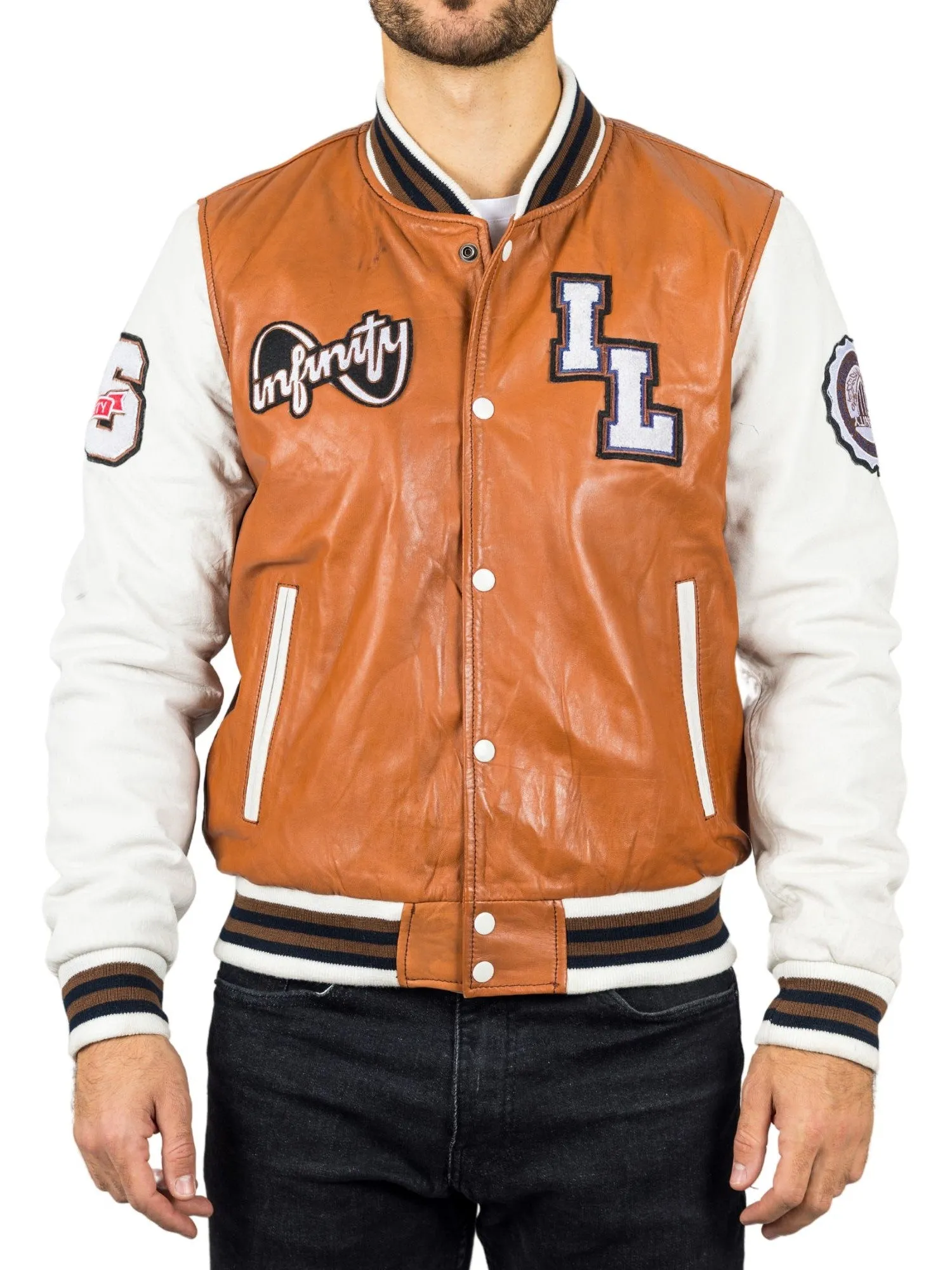 Genuine Leather Bomber Jacket Baseball Letterman Coat