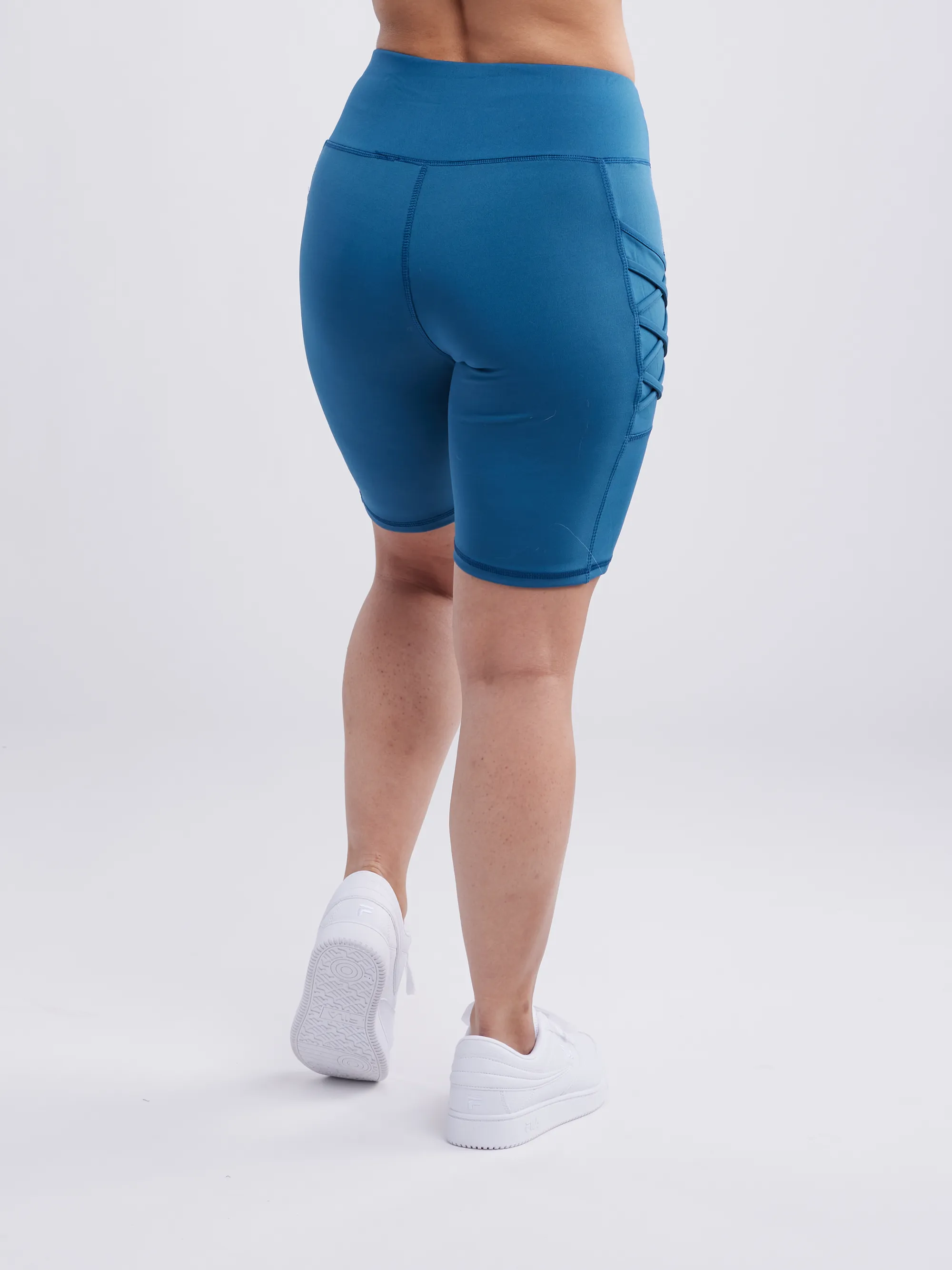 High-Waisted Mid-Thigh Workout Shorts with Pockets & Criss Cross Design