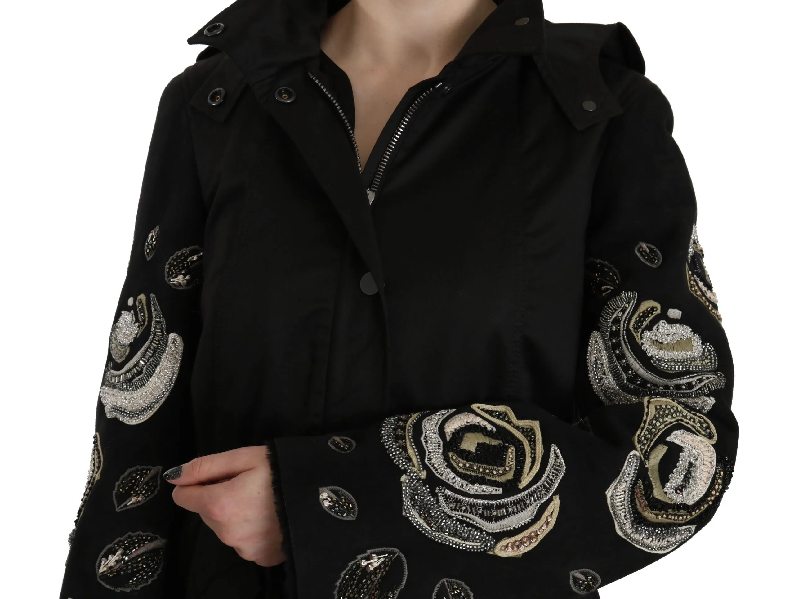 John Richmond Floral Sequined Beaded Hooded Jacket Women's Coat