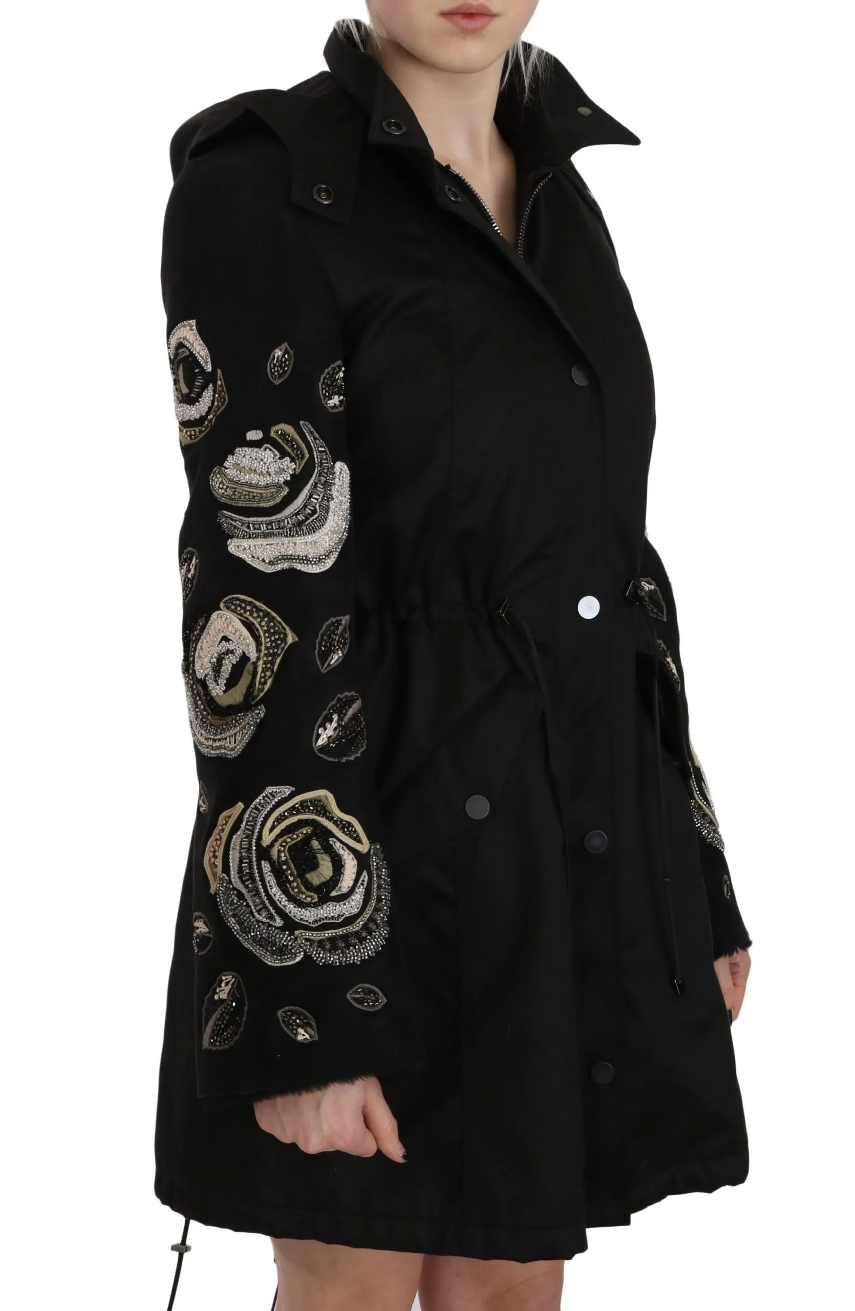John Richmond Floral Sequined Beaded Hooded Jacket Women's Coat