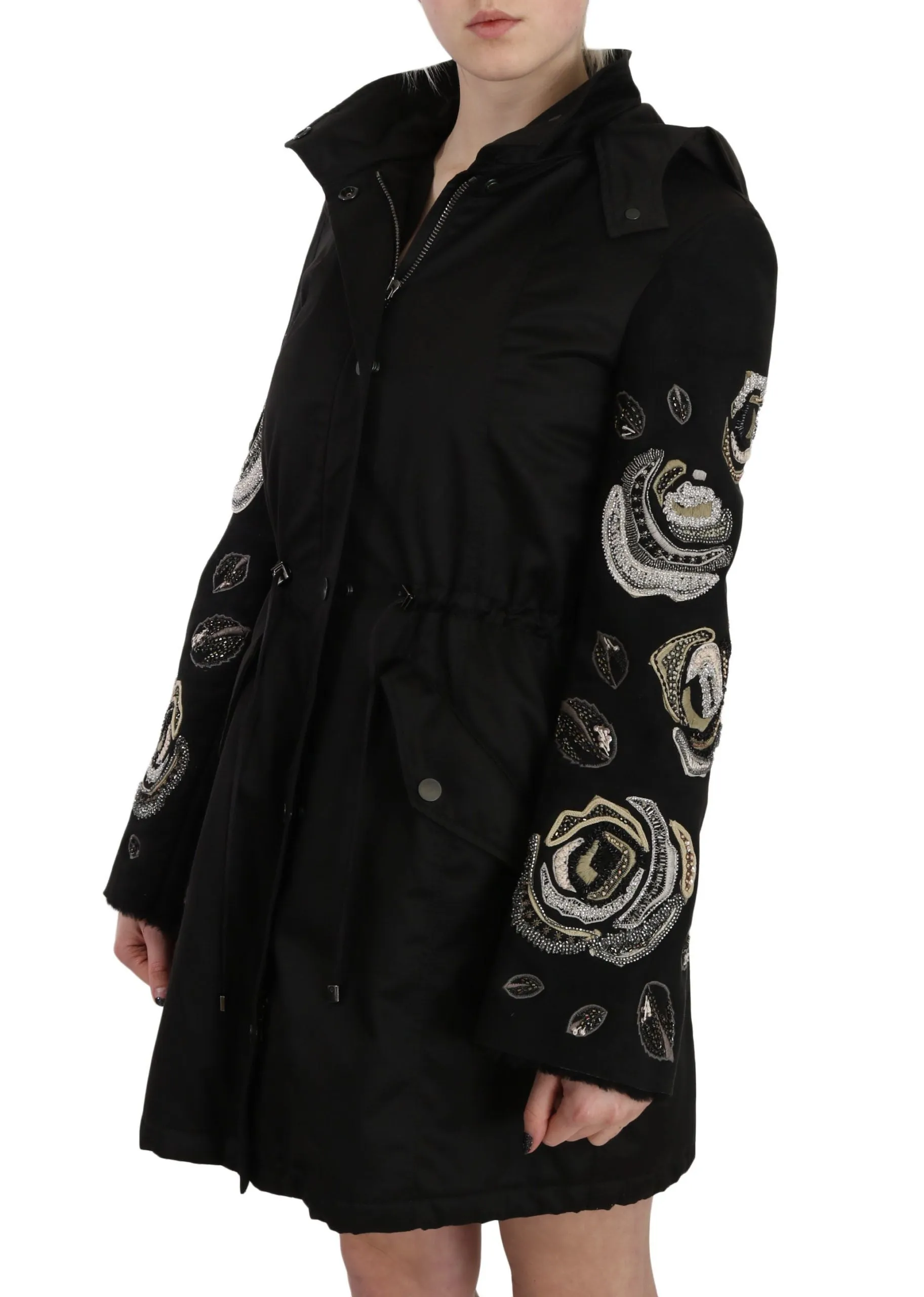 John Richmond Floral Sequined Beaded Hooded Jacket Women's Coat