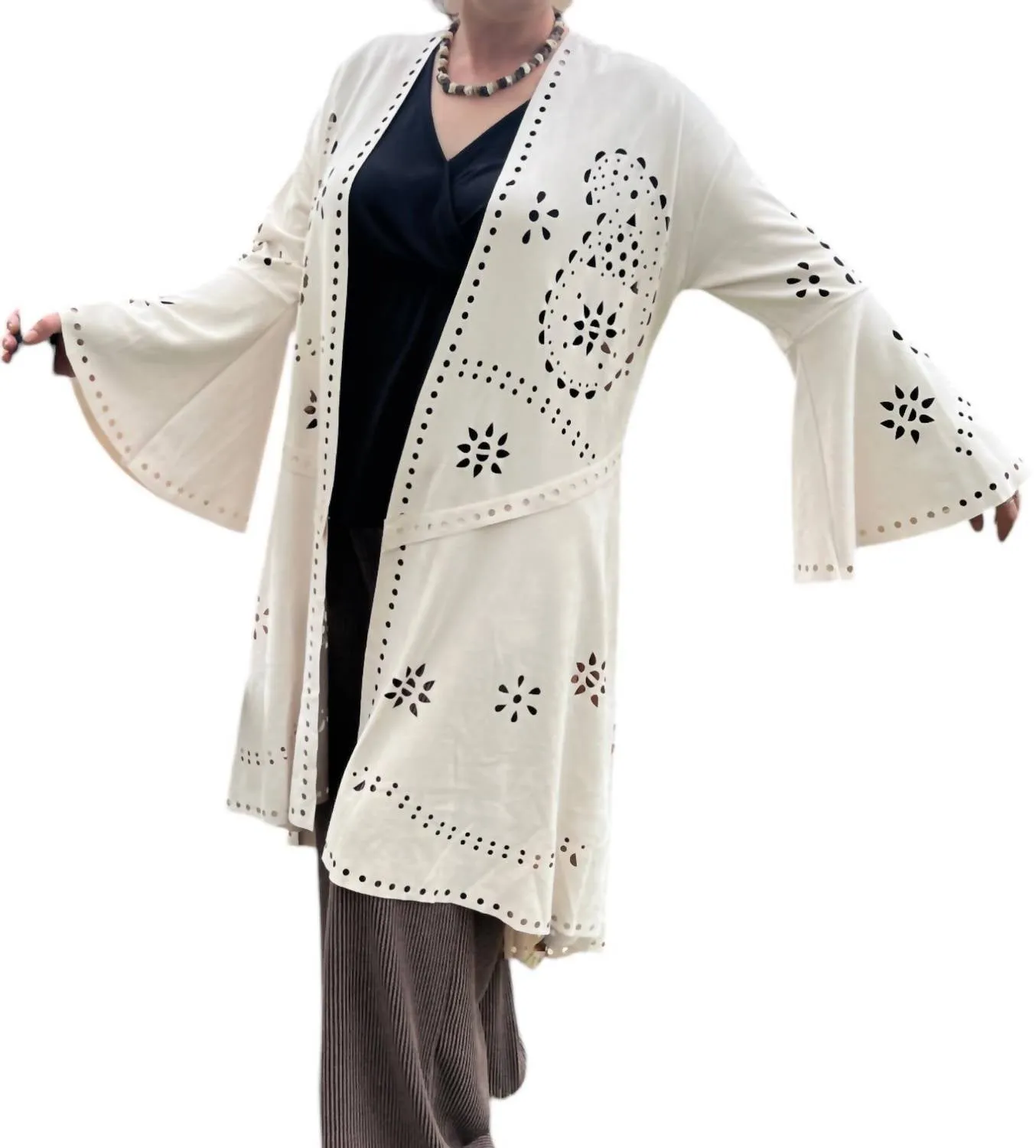 Laser Cut Long Cardigan In Ivory