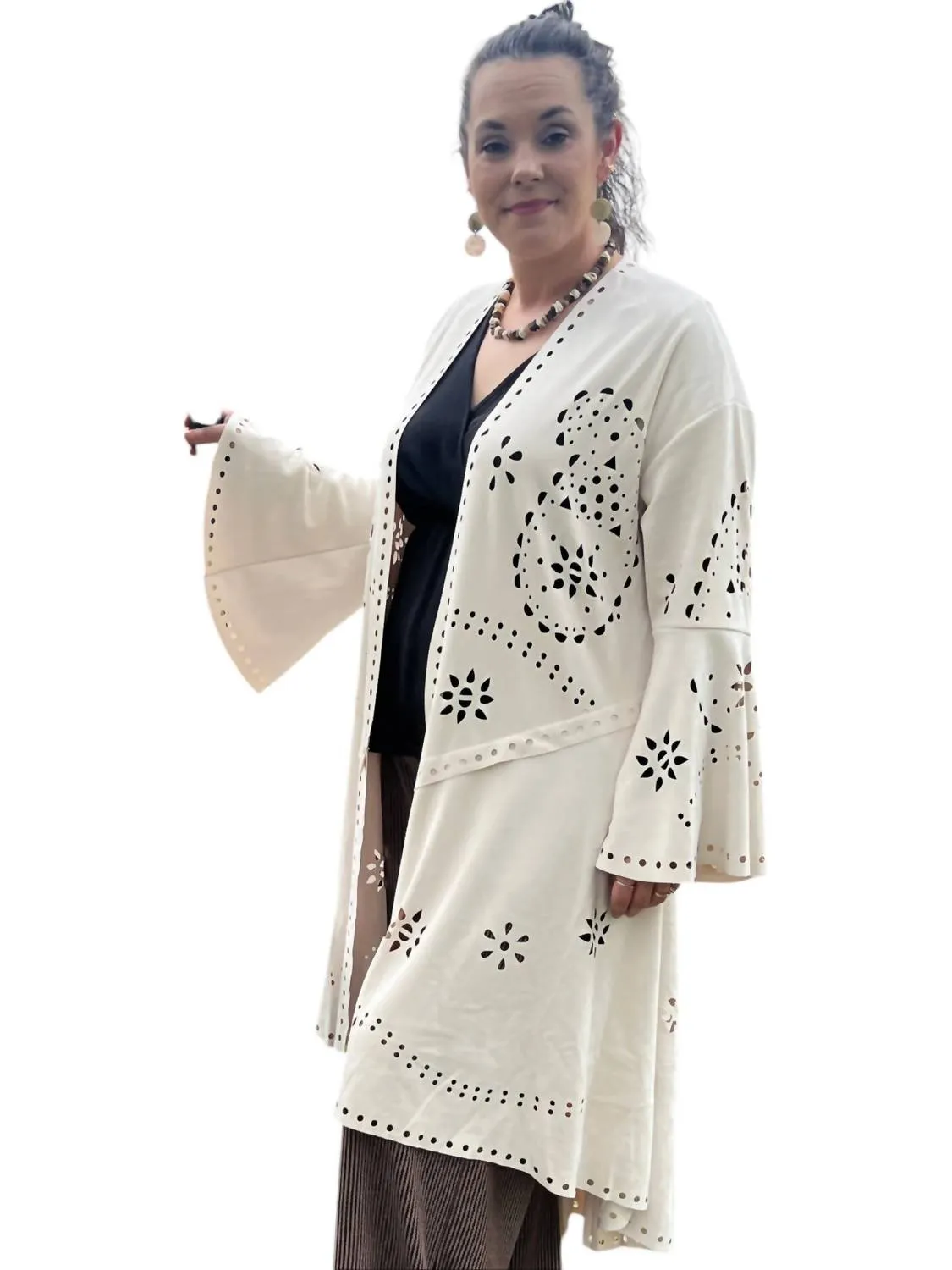 Laser Cut Long Cardigan In Ivory