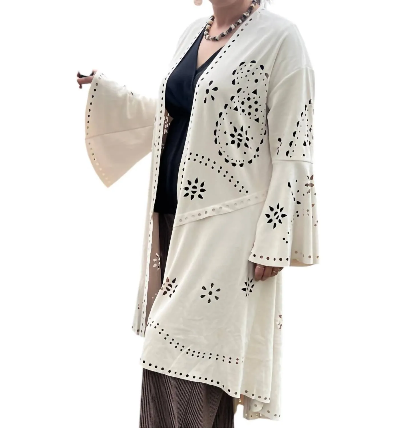 Laser Cut Long Cardigan In Ivory