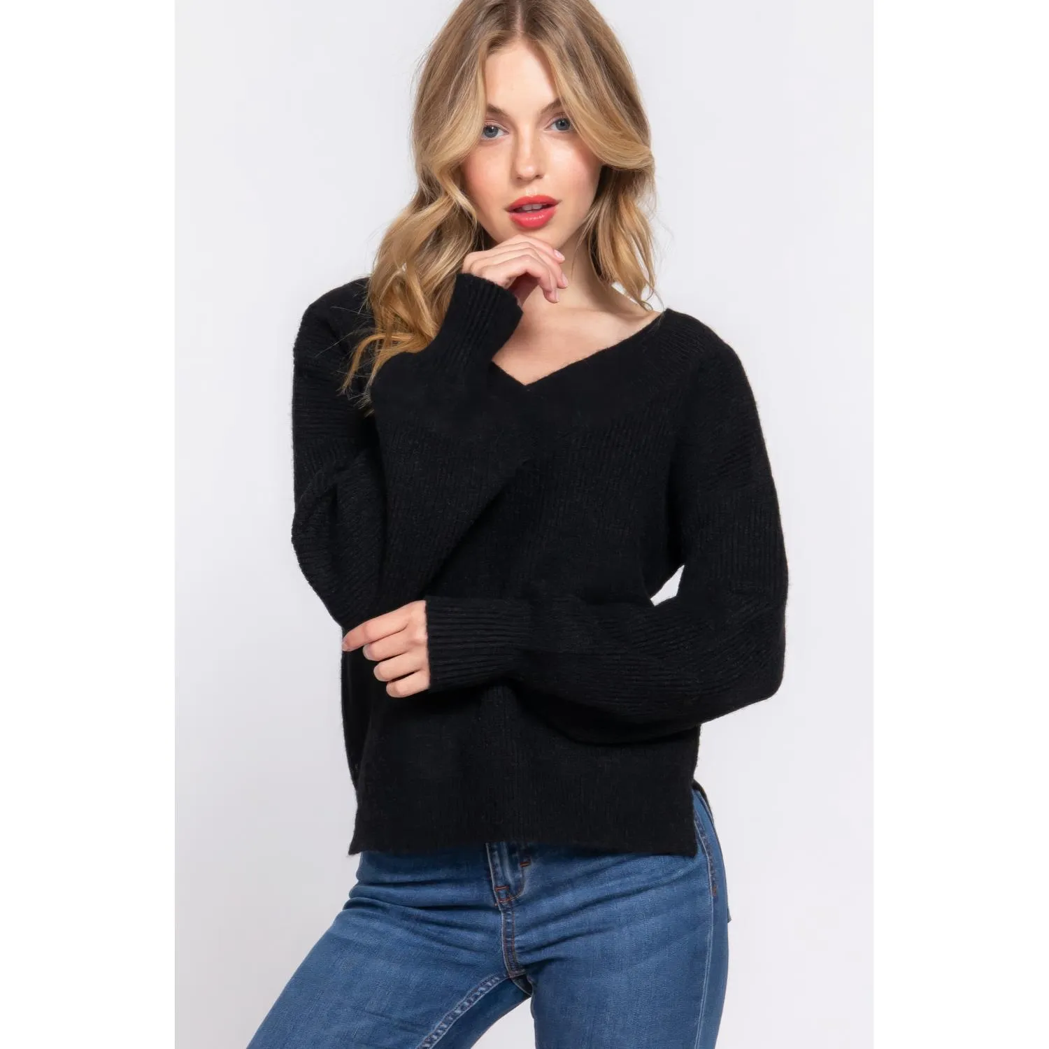 Long Slv Double V-neck Sweater