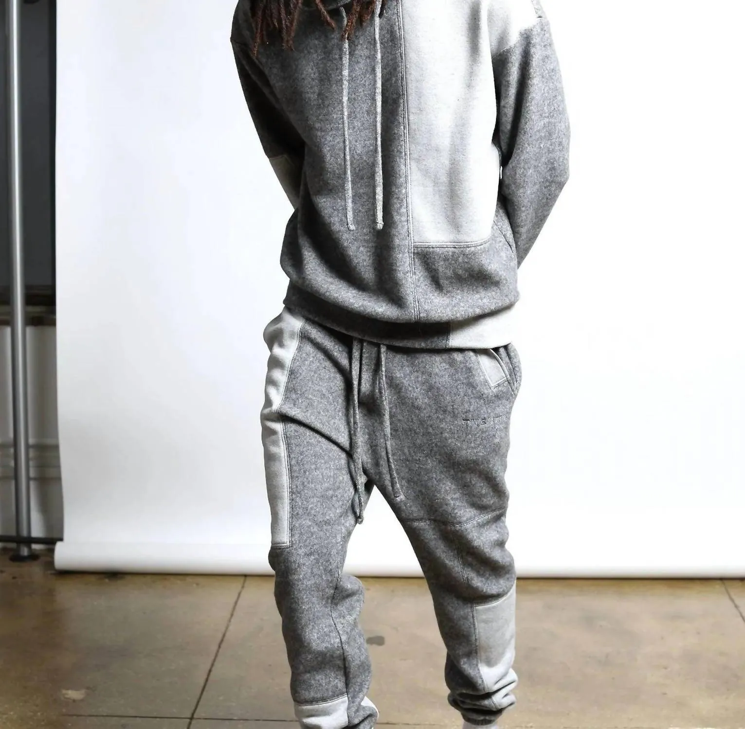 Maddux Plush Fleece Patchwork Pants In Heather Grey