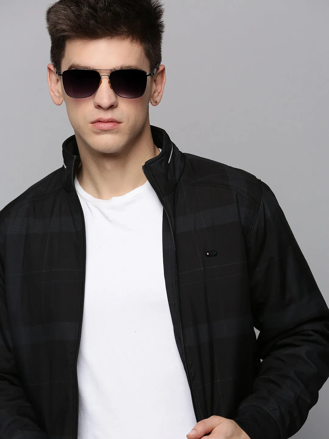 Men Black Checked Water Resistant Bomber Jacket