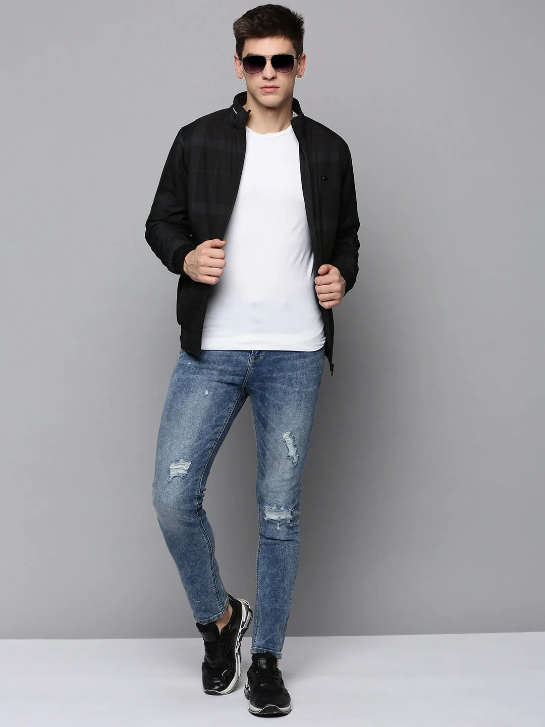 Men Black Checked Water Resistant Bomber Jacket