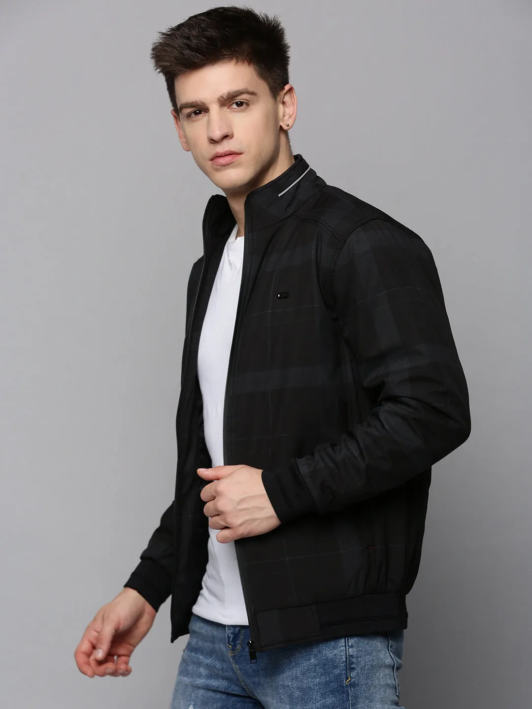 Men Black Checked Water Resistant Bomber Jacket