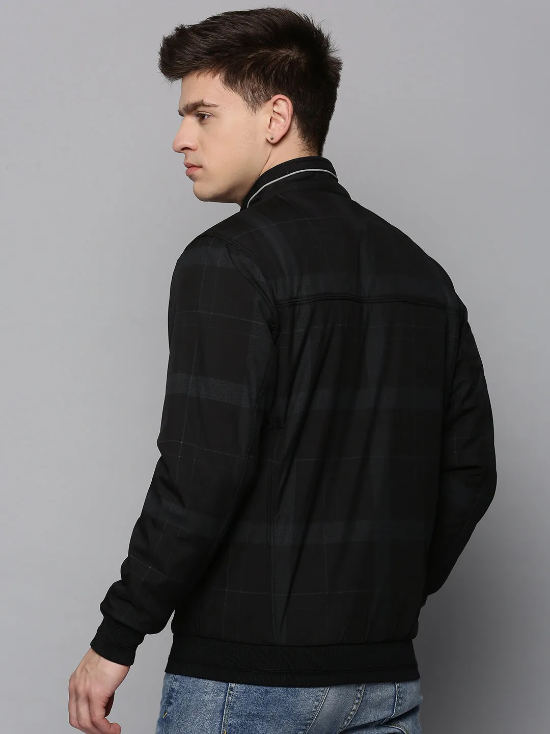 Men Black Checked Water Resistant Bomber Jacket