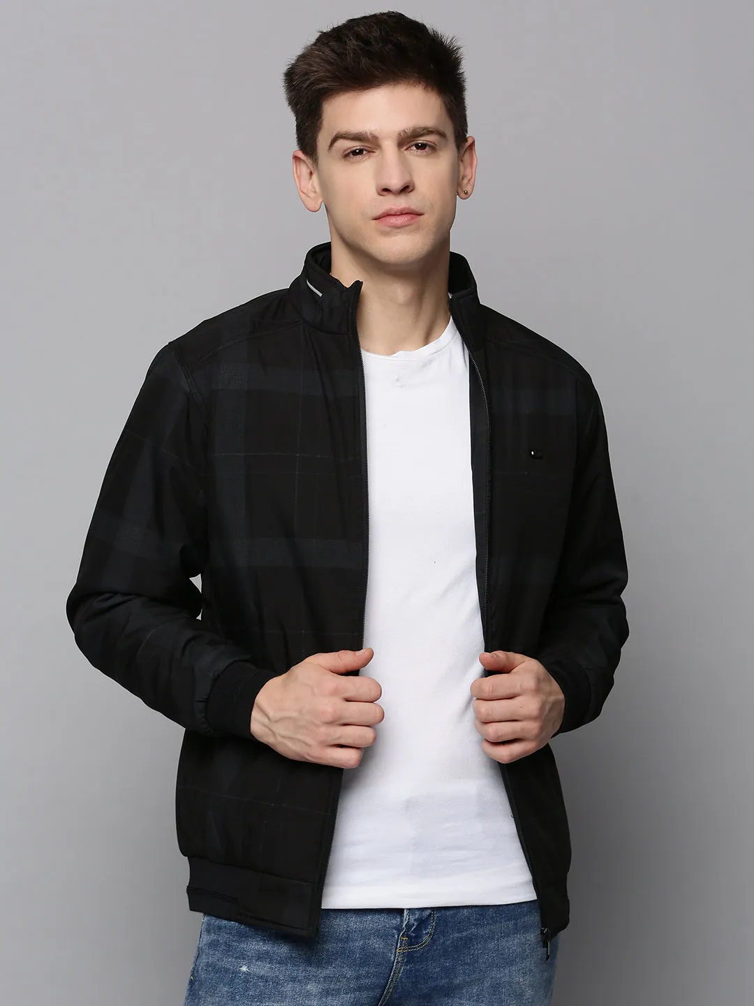 Men Black Checked Water Resistant Bomber Jacket