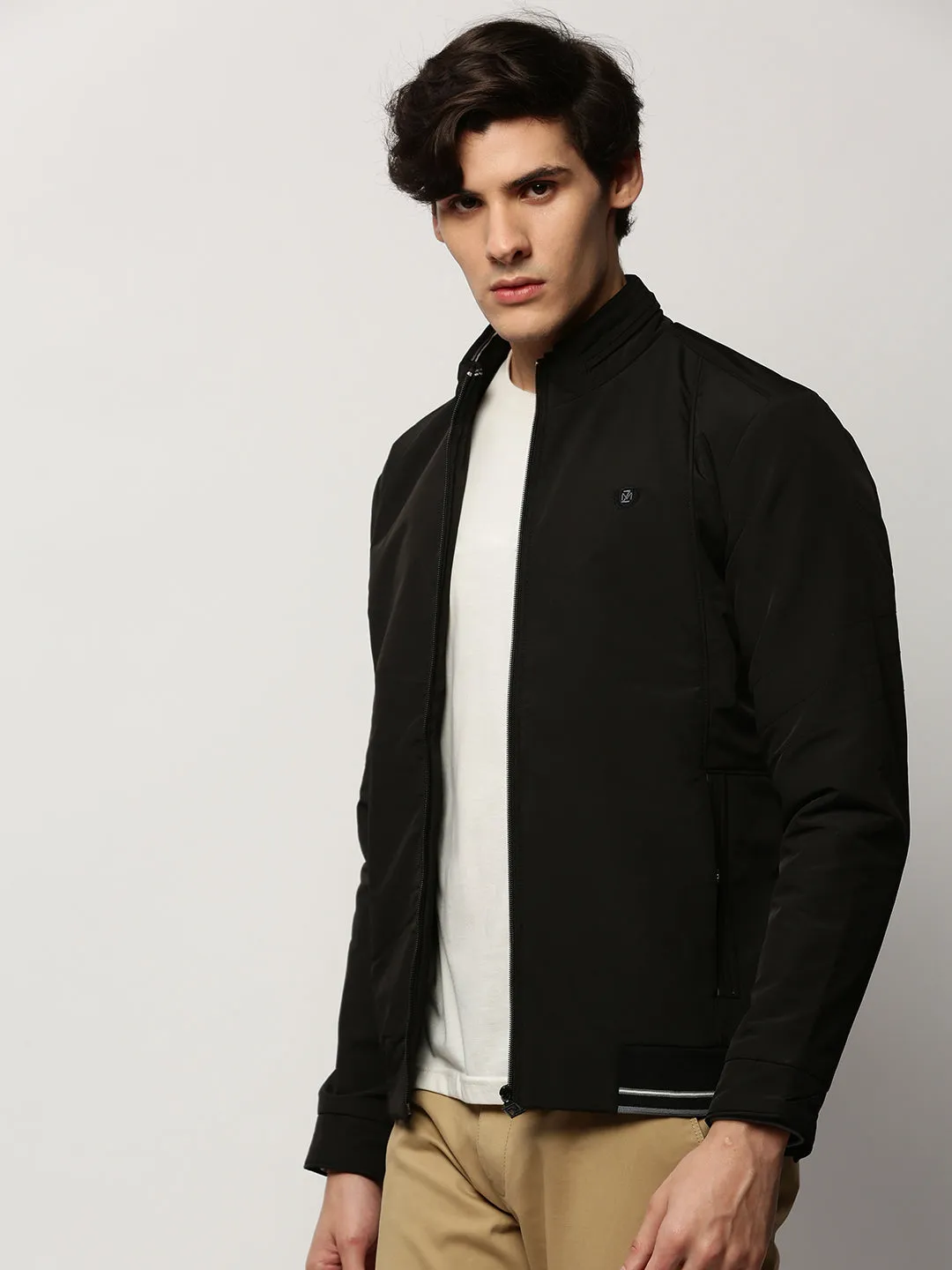 Men Black Crop Bomber Jacket