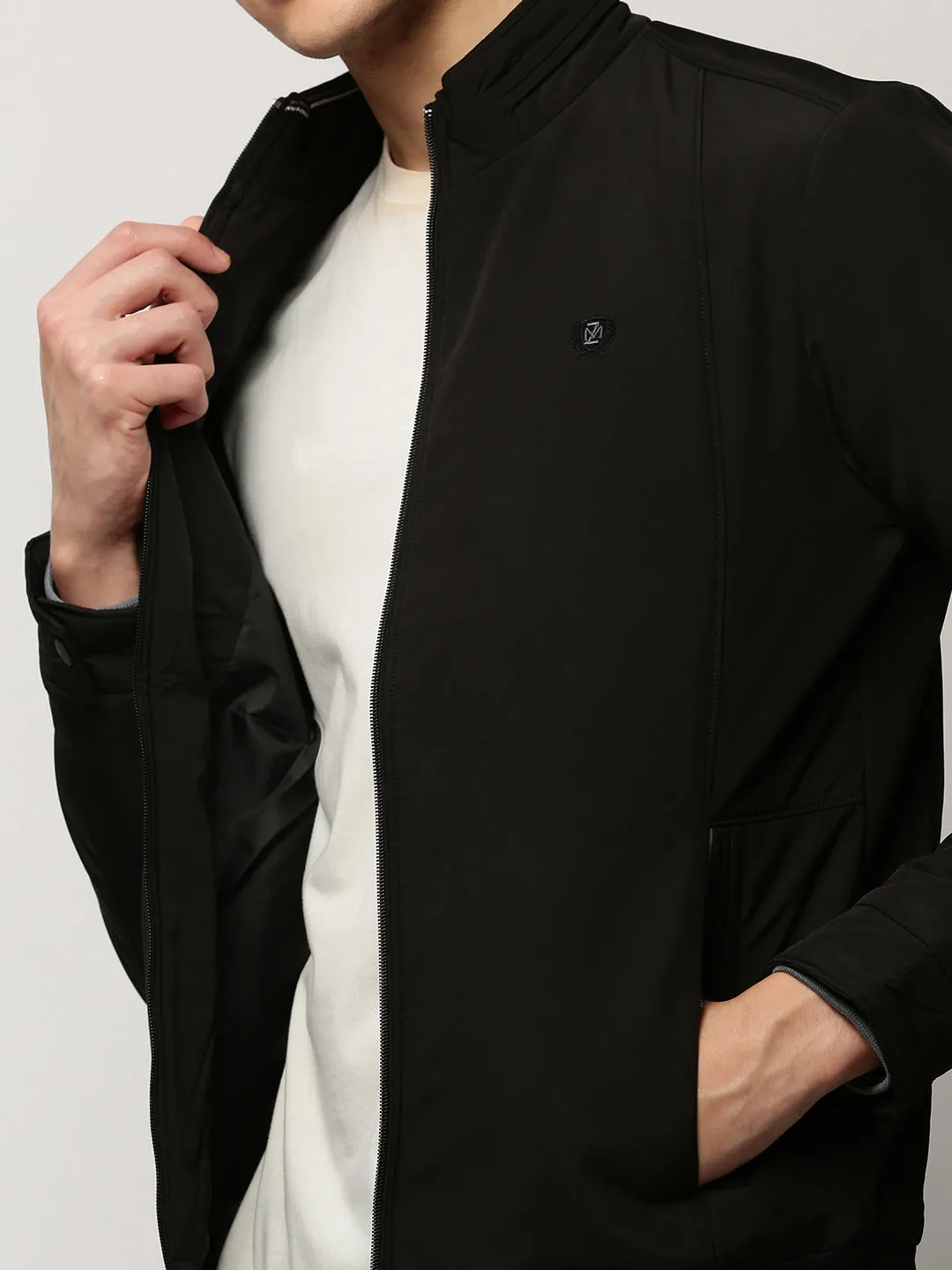 Men Black Crop Bomber Jacket