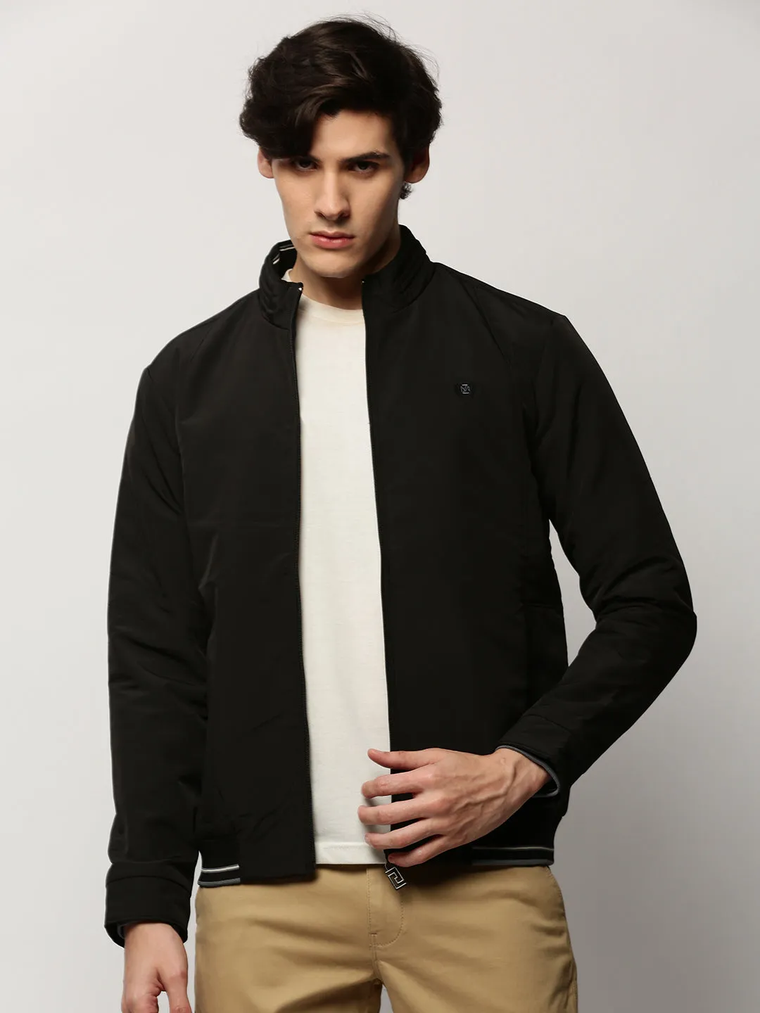 Men Black Crop Bomber Jacket