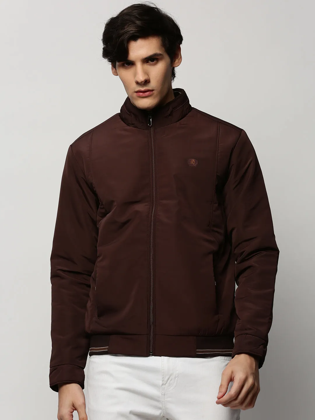 Men Brown Mock Collar Bomber Jacket