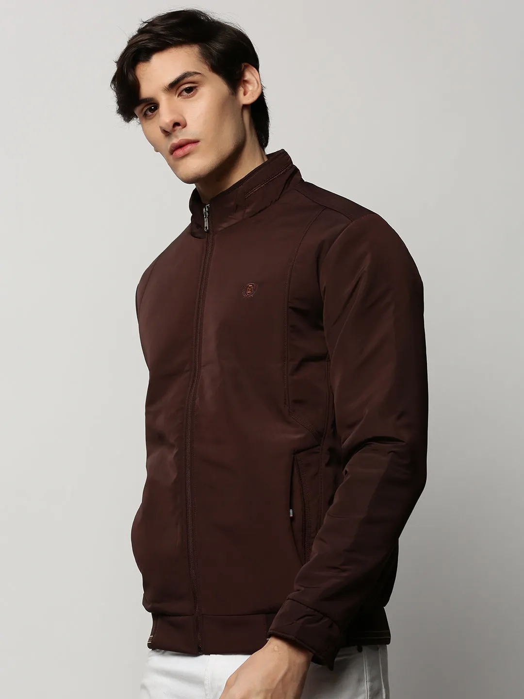 Men Brown Mock Collar Bomber Jacket