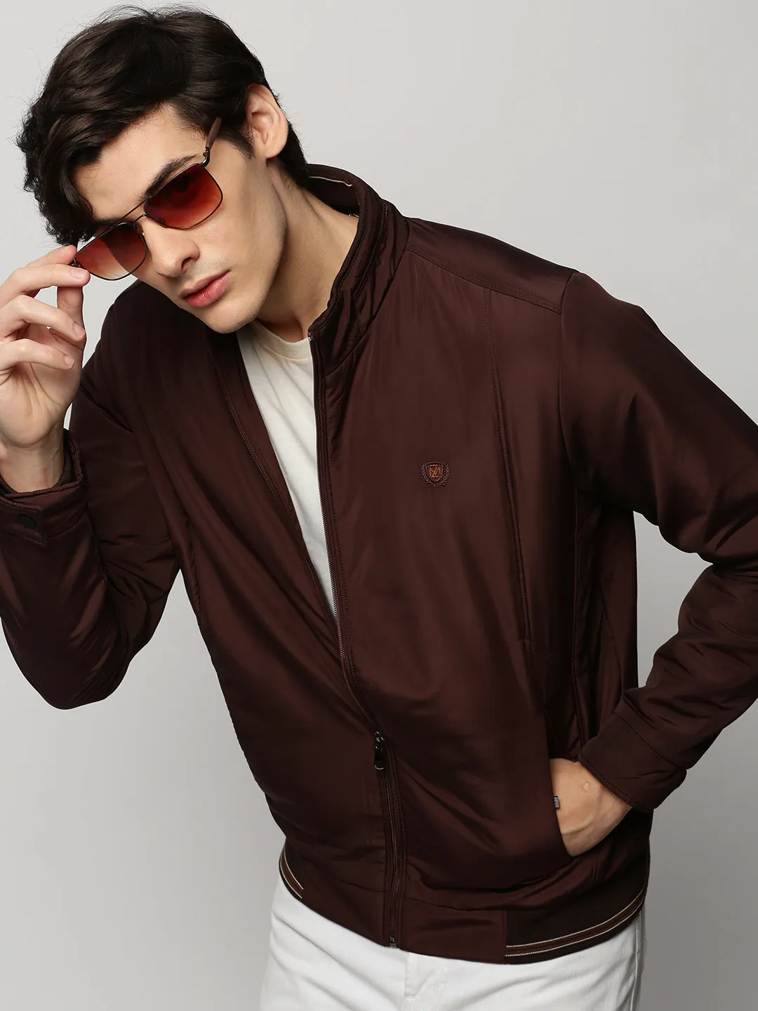 Men Brown Mock Collar Bomber Jacket