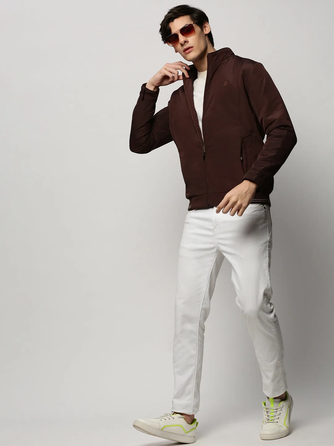 Men Brown Mock Collar Bomber Jacket