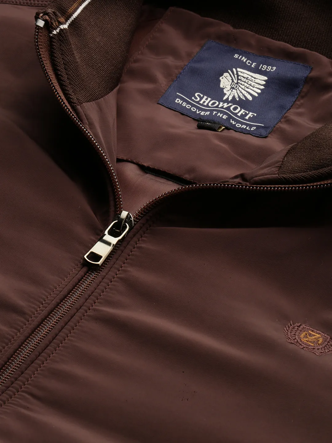 Men Brown Mock Collar Bomber Jacket