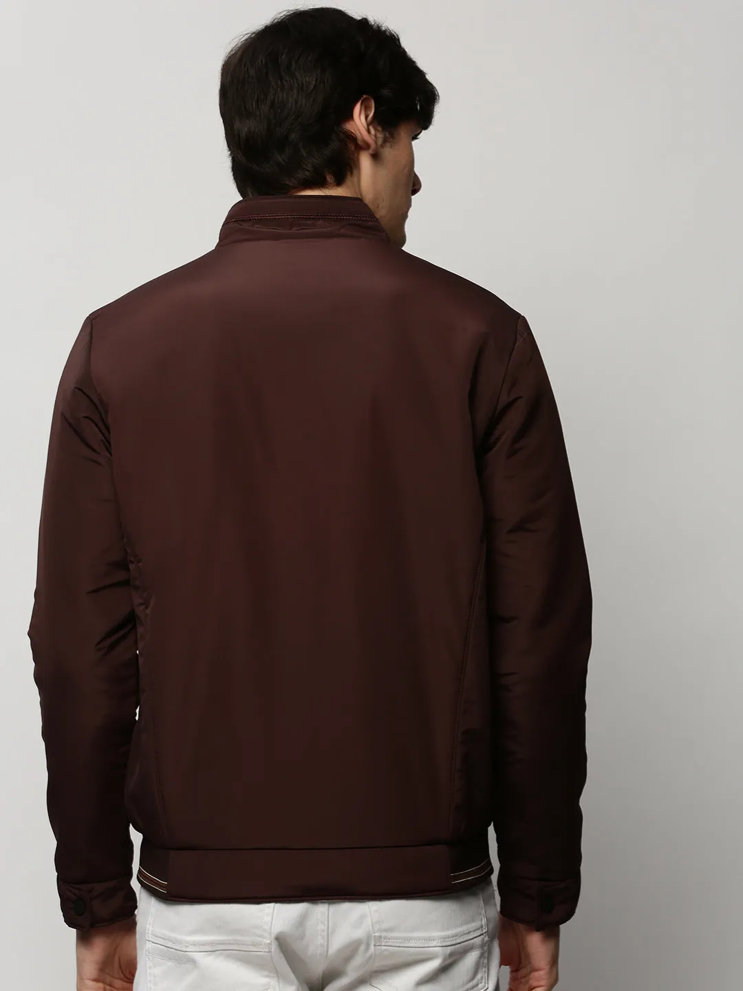 Men Brown Mock Collar Bomber Jacket