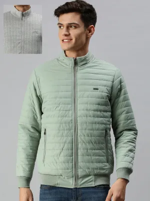Men Green Striped Reversible Padded Jacket