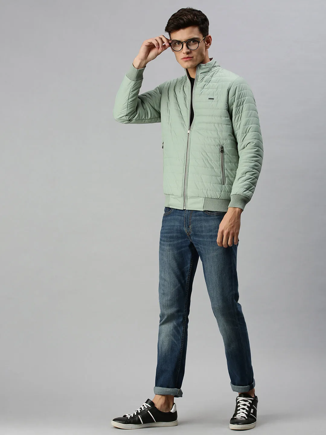 Men Green Striped Reversible Padded Jacket