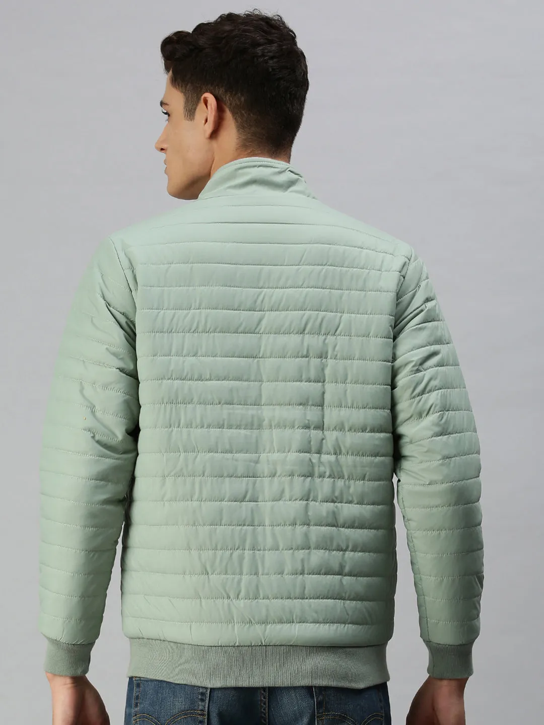 Men Green Striped Reversible Padded Jacket