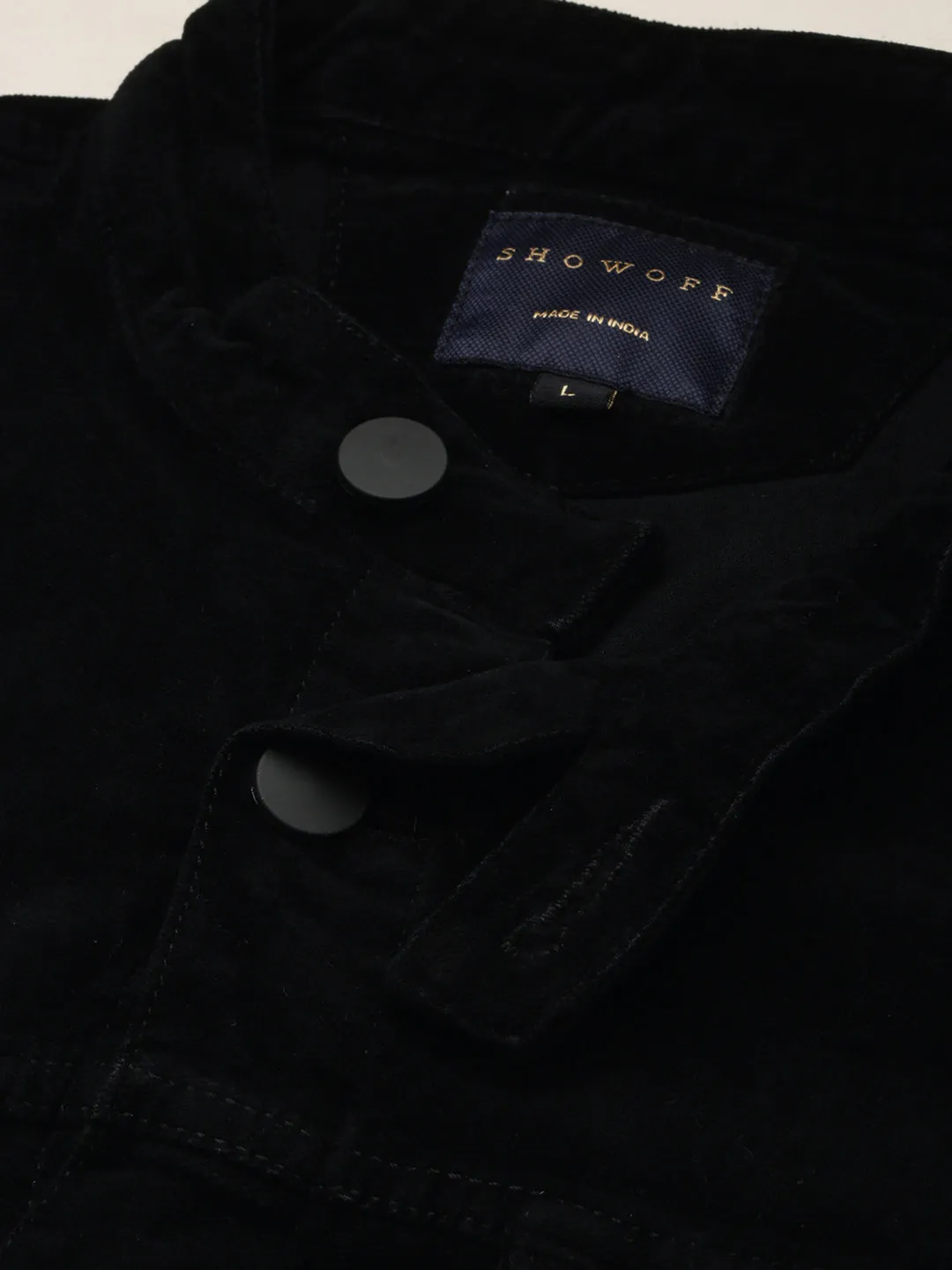 Men Mandarin Collar Solid Black Open Front Jacket