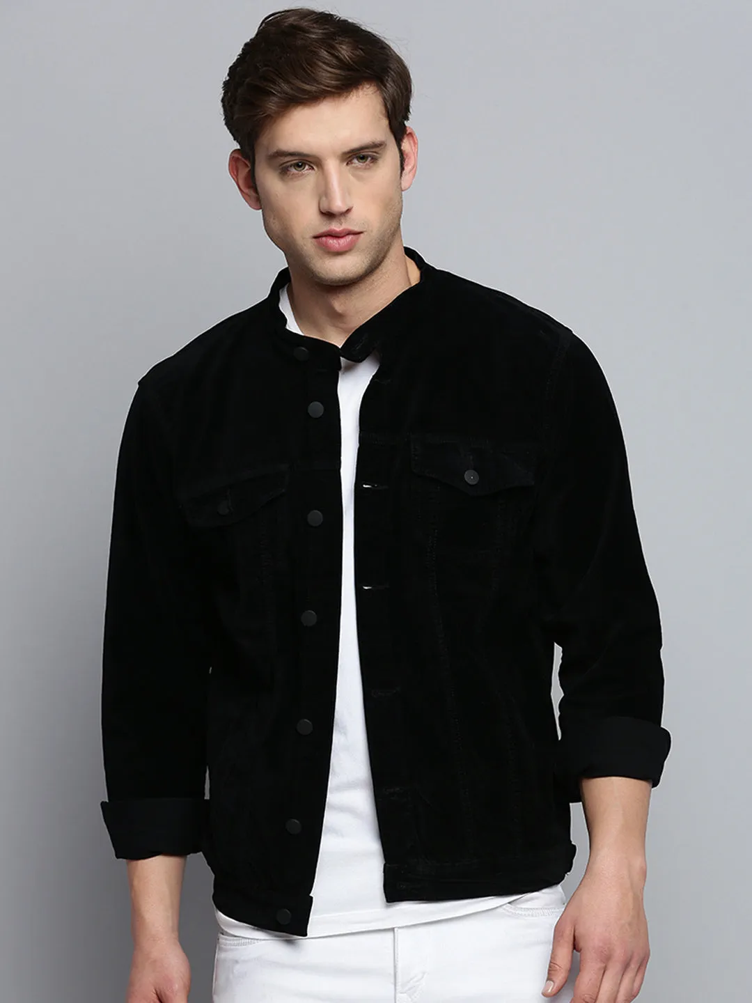 Men Mandarin Collar Solid Black Open Front Jacket