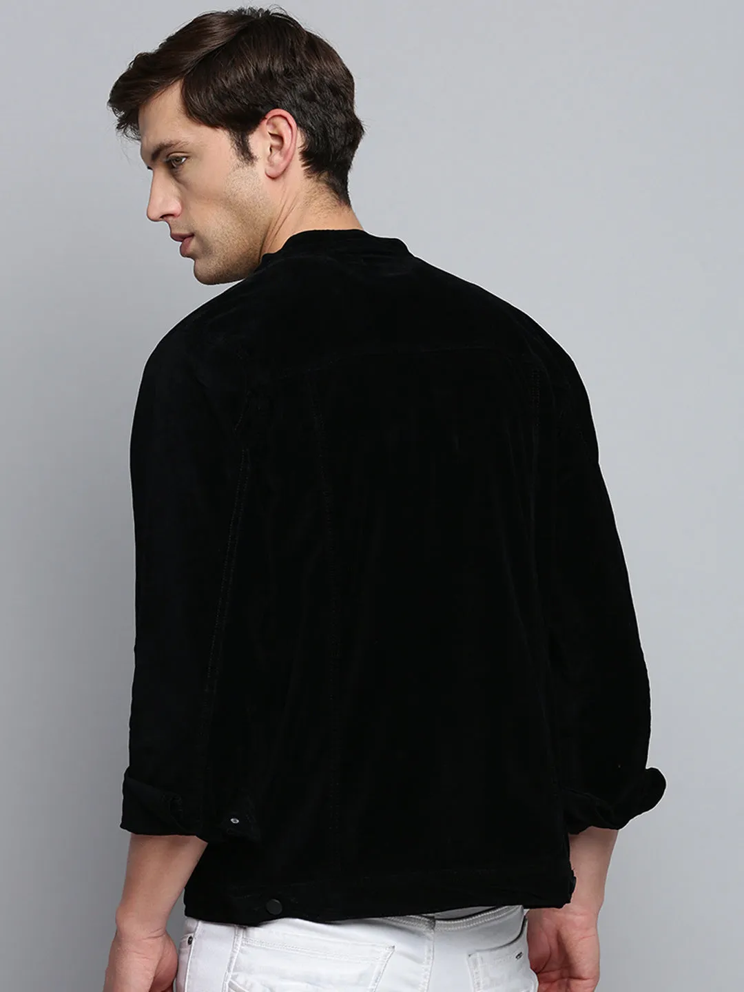 Men Mandarin Collar Solid Black Open Front Jacket