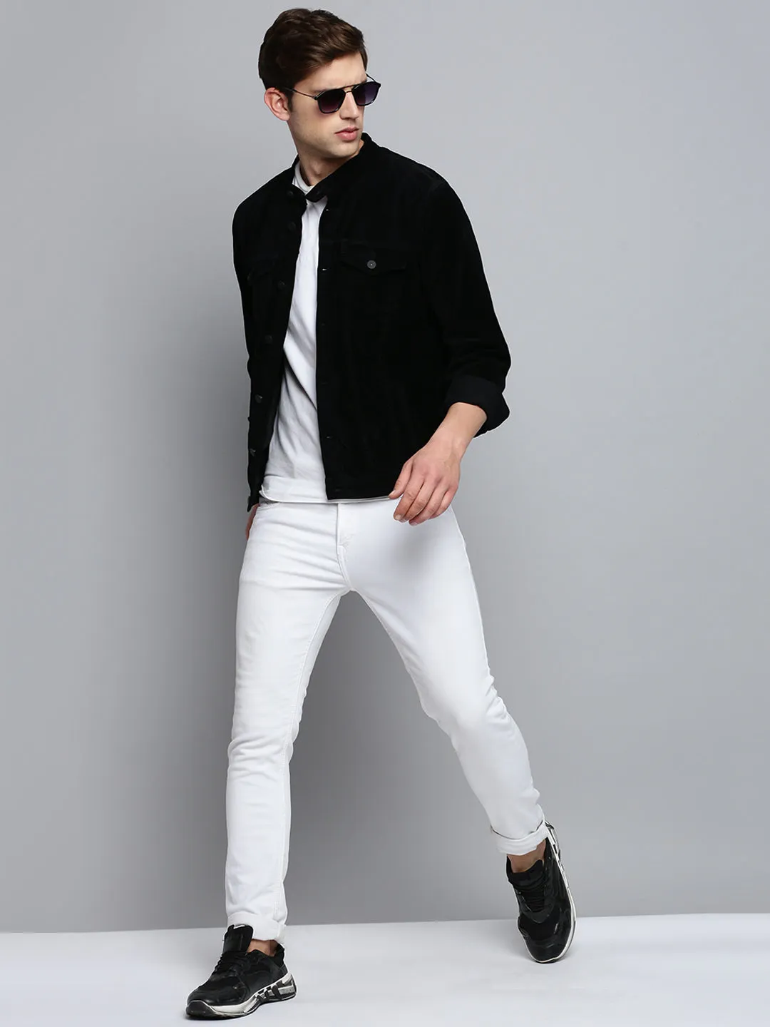 Men Mandarin Collar Solid Black Open Front Jacket