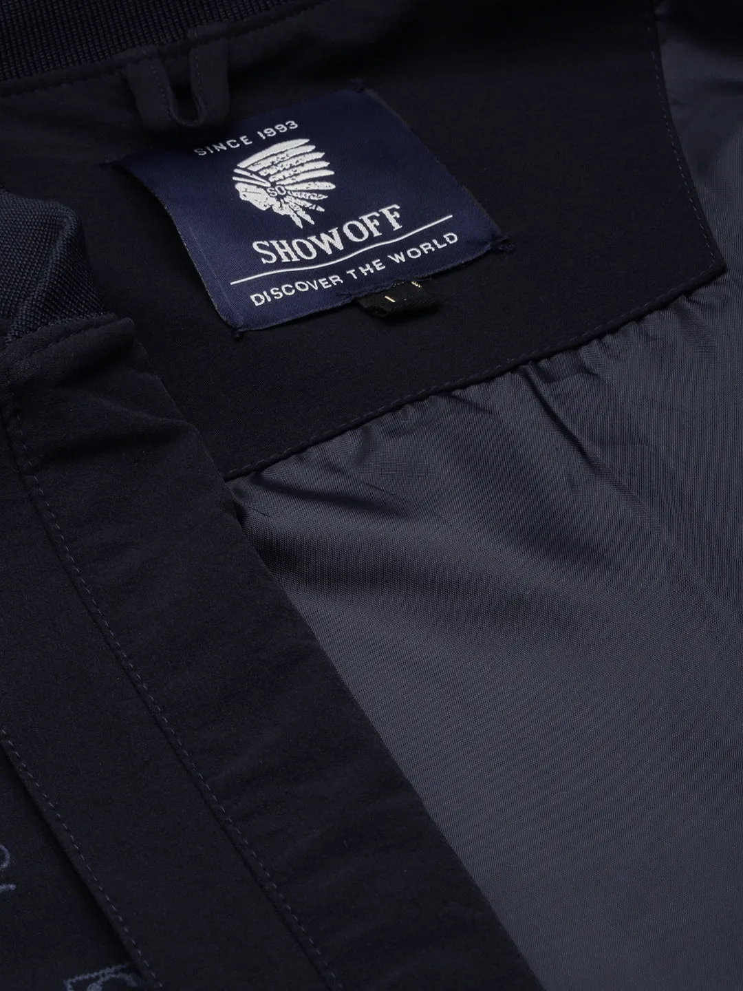 Men Mandarin Collar Solid Navy Blue Open Front Jacket
