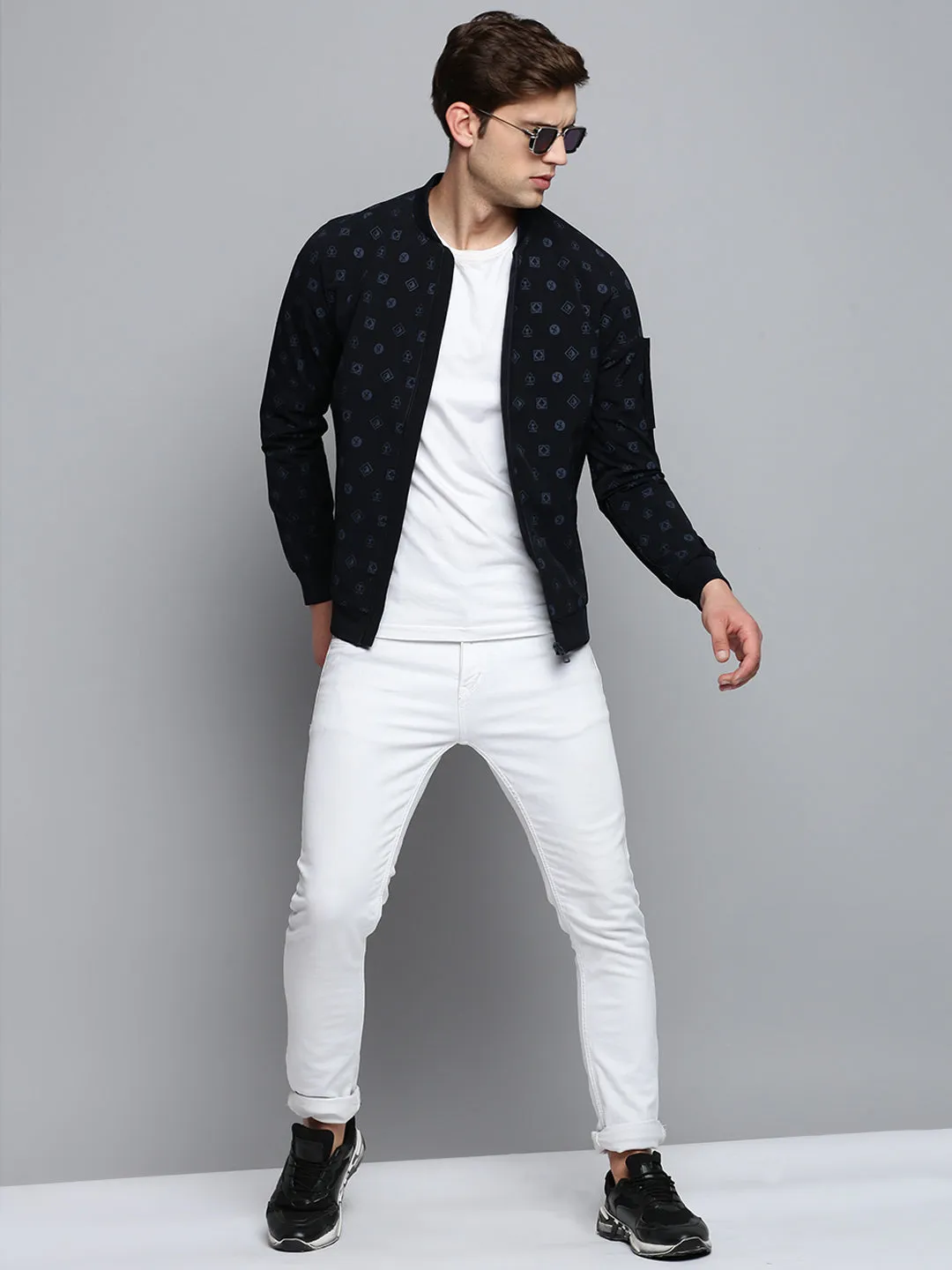 Men Mandarin Collar Solid Navy Blue Open Front Jacket