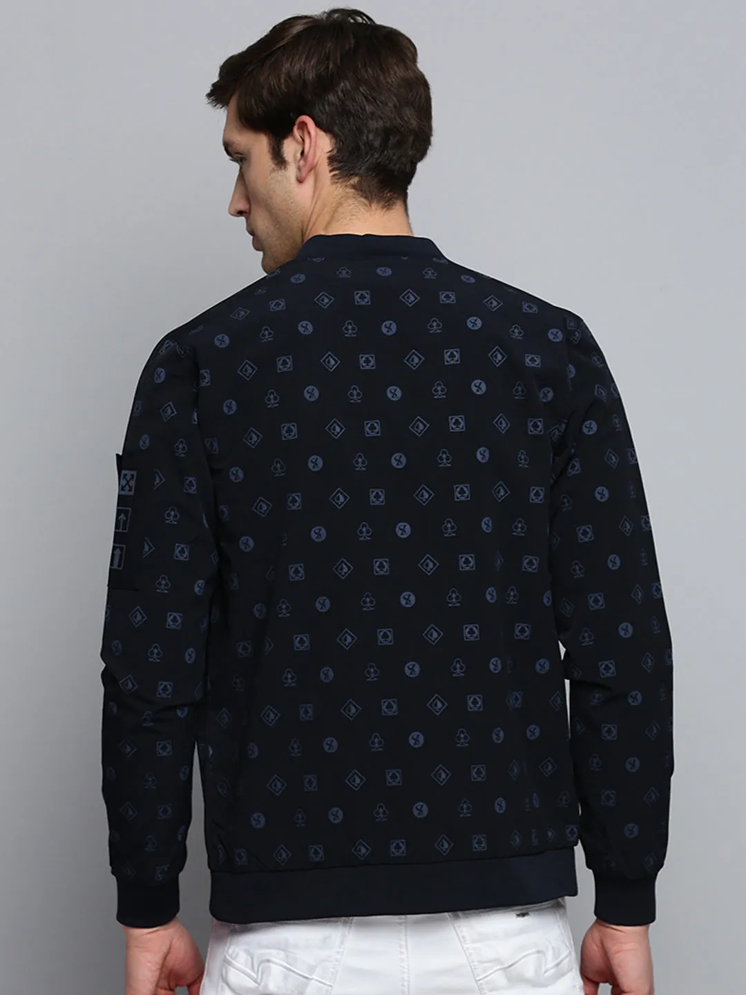 Men Mandarin Collar Solid Navy Blue Open Front Jacket