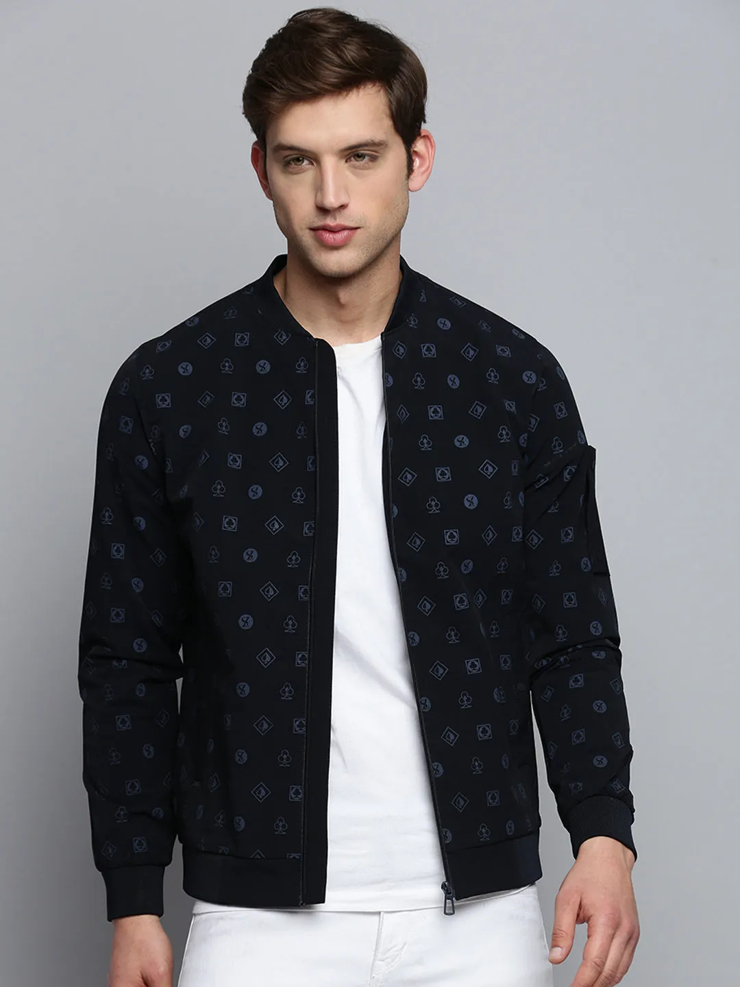 Men Mandarin Collar Solid Navy Blue Open Front Jacket