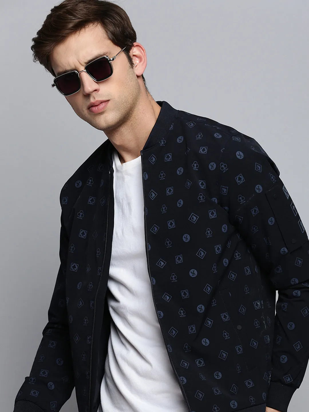 Men Mandarin Collar Solid Navy Blue Open Front Jacket