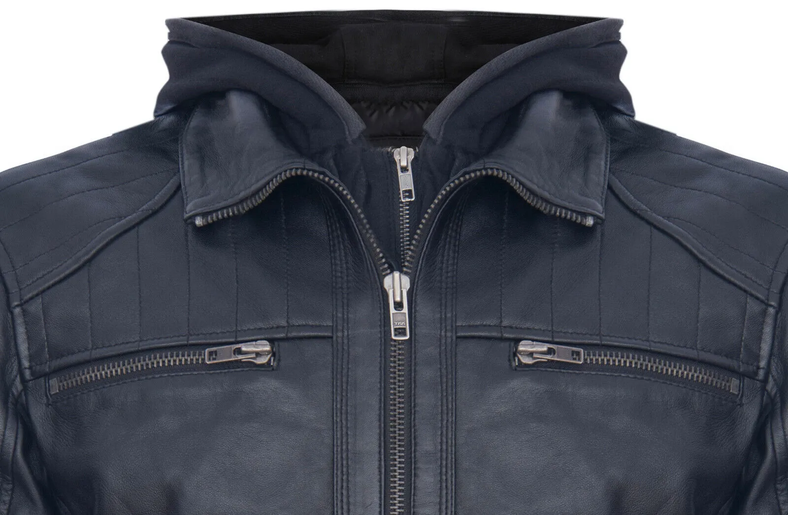 Mens Black Hooded Leather Biker Jacket-Salvador